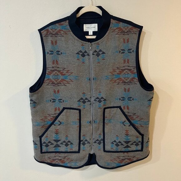 Sun + Stone Aztec Tribal Grey Blue Pattern Printed Vest Men’s Size X-Large - Picture 1 of 4